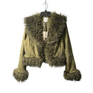 NWT Le Lis Womens Olive Green Faux Suede Chic Fur Cropped Winter Jacket SZ Large